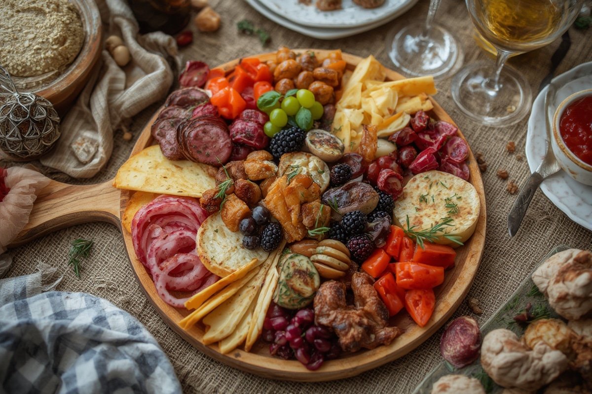 A vibrant charcuterie board with cheeses, fruits, and crackers