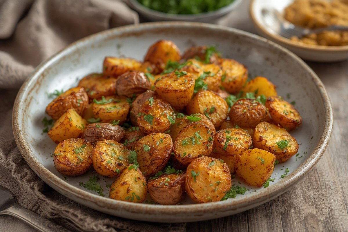Golden crispy roasted potatoes in baking tray