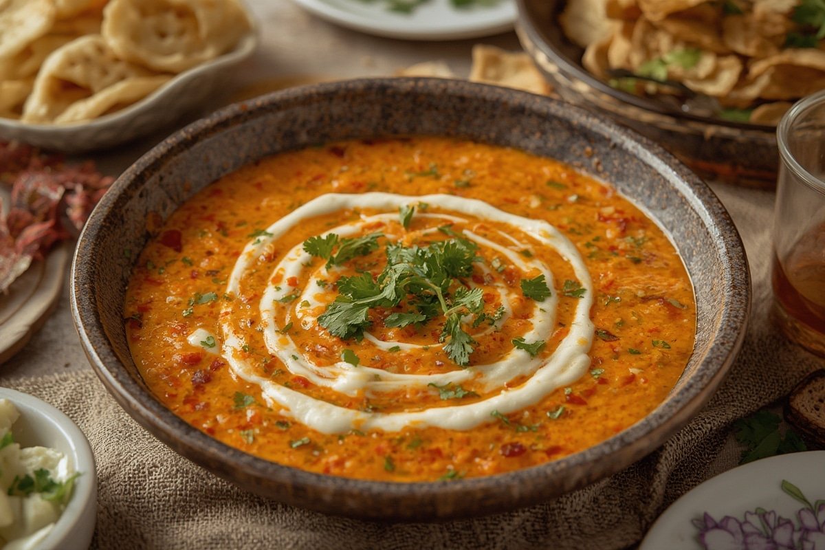 Assortment of vibrant homemade dips surrounded by fresh vegetables