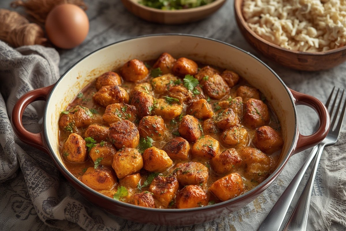 A rustic Dutch oven brimming with hearty stew surrounded by fresh ingredients