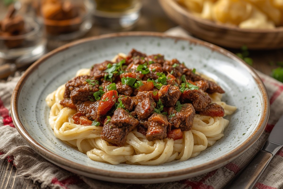 Juicy beef skillet with vegetables, showcasing easy beef recipes