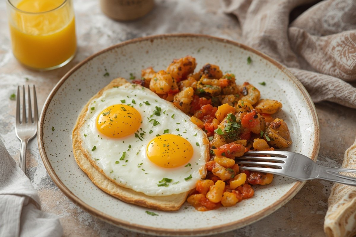 Family-style breakfast spread with pancakes, fruit, and eggs