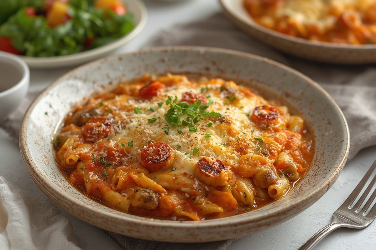 Casserole dish fresh from the oven surrounded by vegetables and herbs