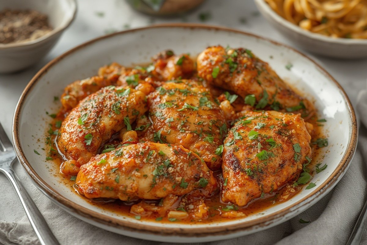 Juicy lemon garlic chicken thighs with roasted vegetables in a skillet