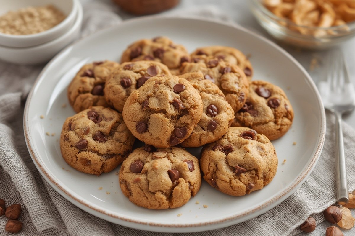 Warm chocolate chip cookies on a rustic wooden table