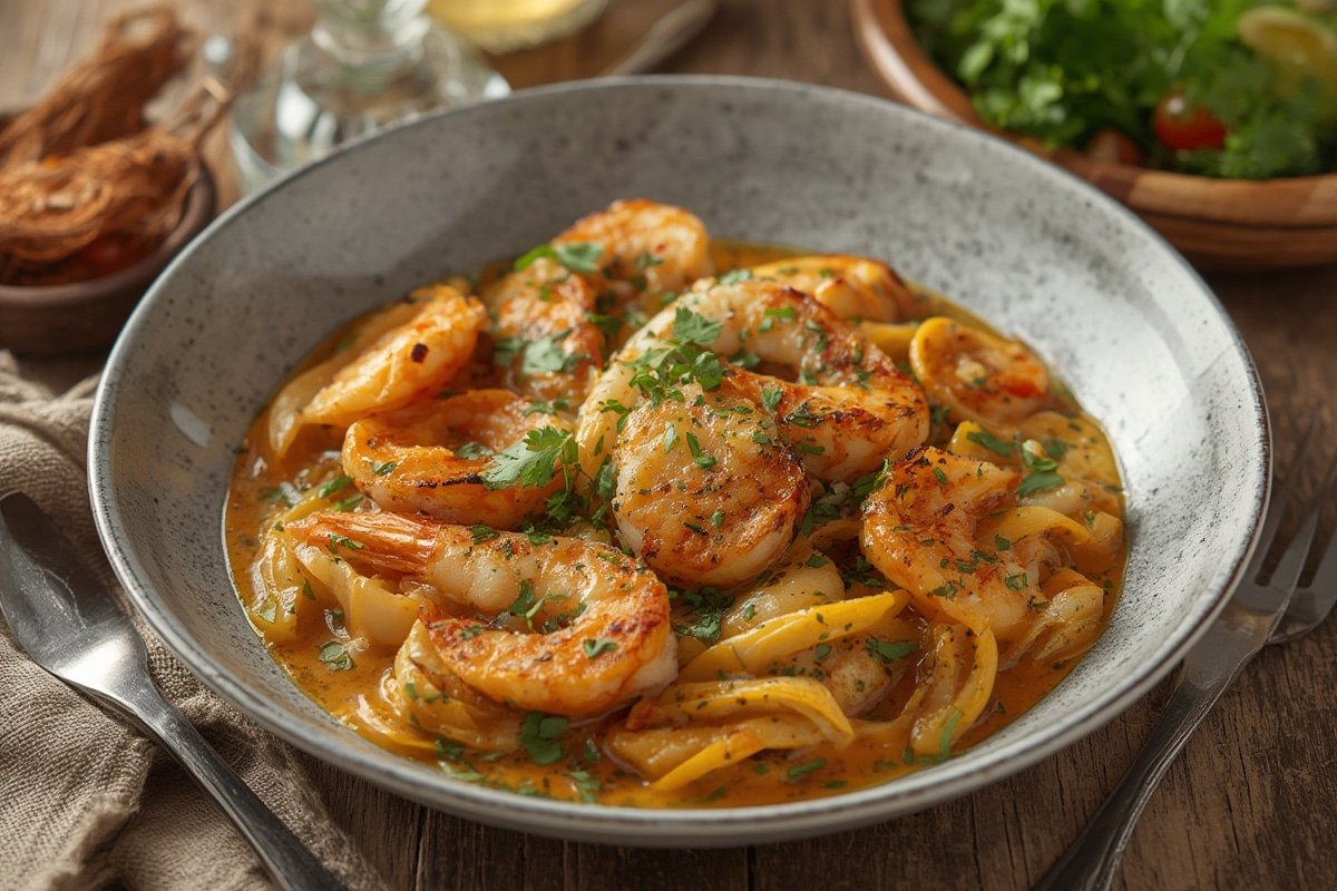 Garlic butter shrimp with lemon and herbs in cast iron skillet
