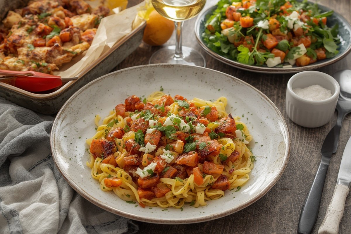 Colorful variety of easy side dishes on a wooden table