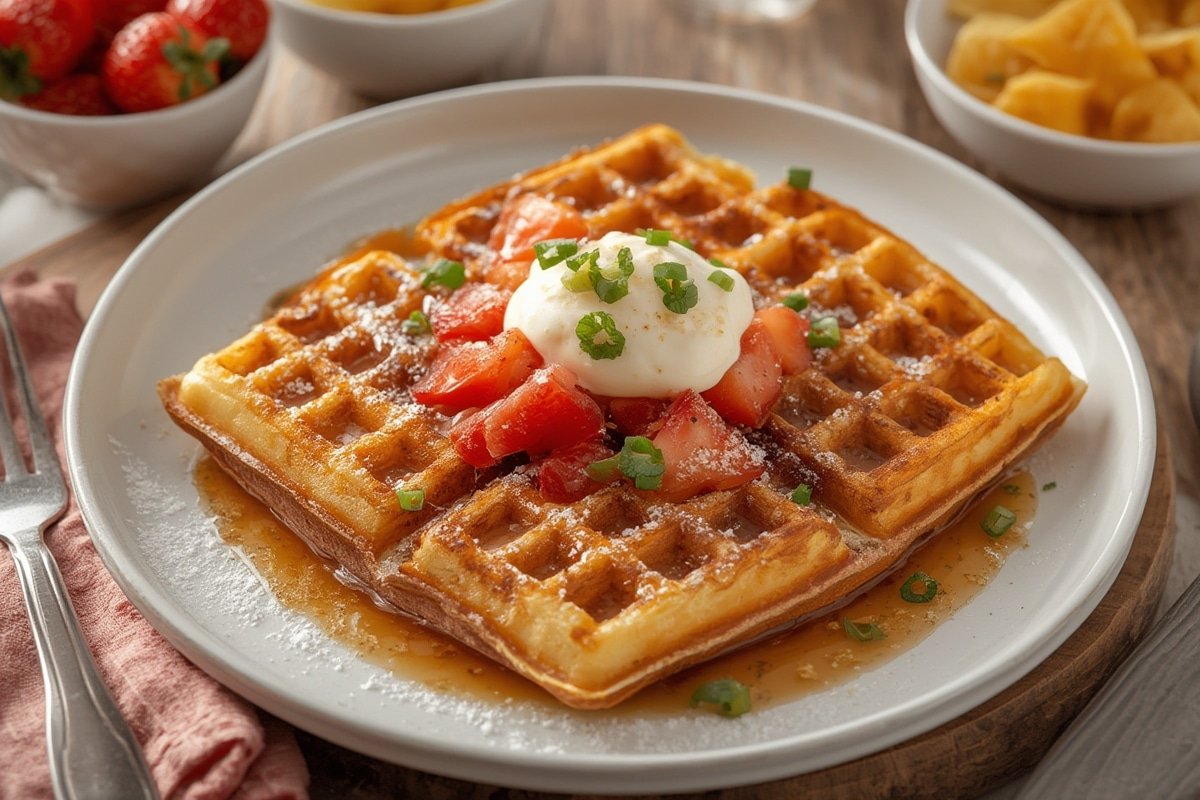 Golden waffles with syrup and berries