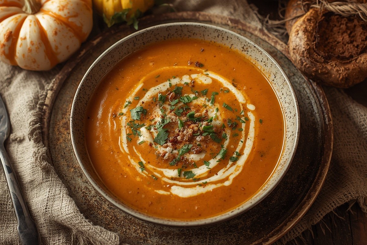 Steaming bowls of vibrant fall soups with seasonal ingredients