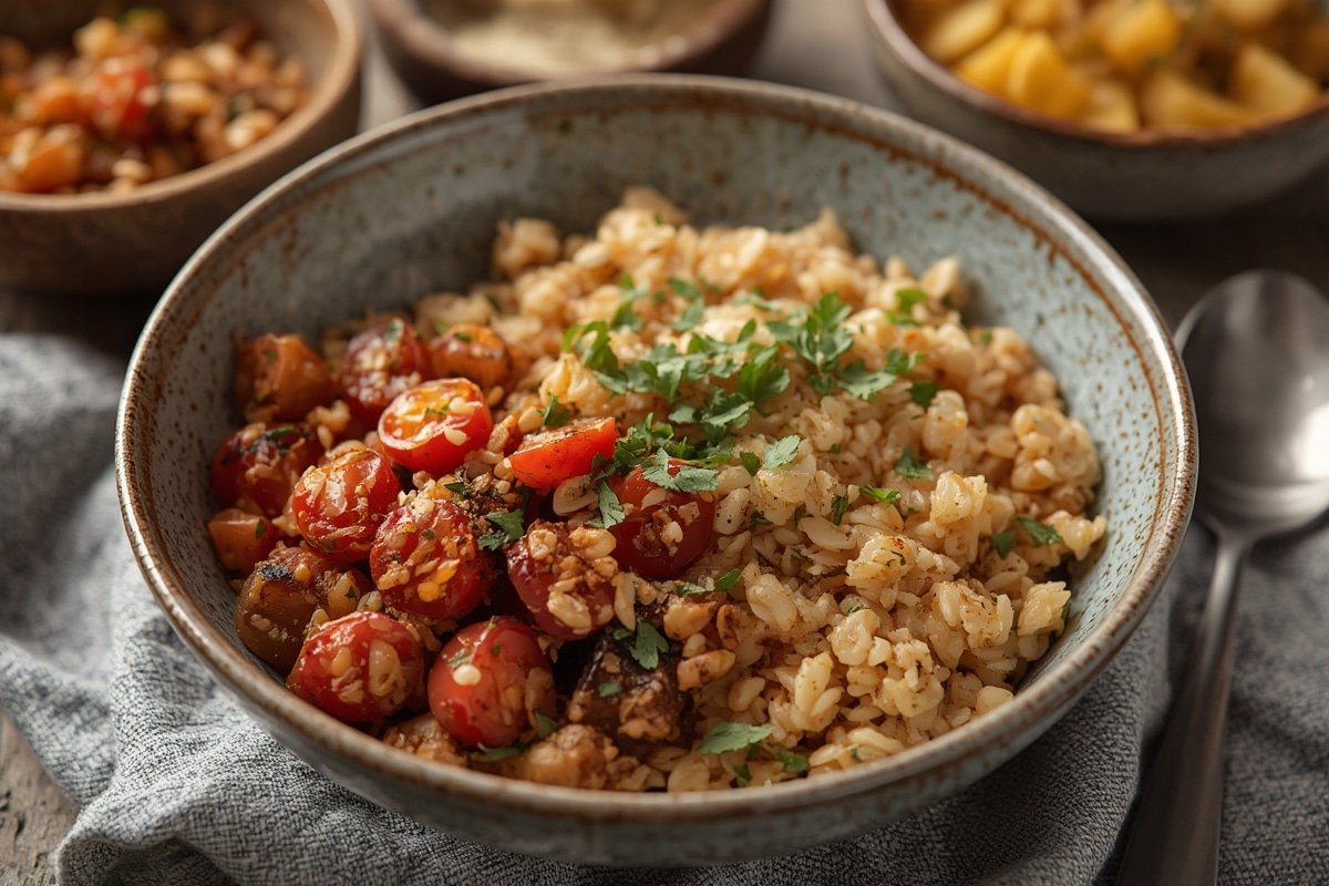 Colorful grain bowl with roasted vegetables and dressing