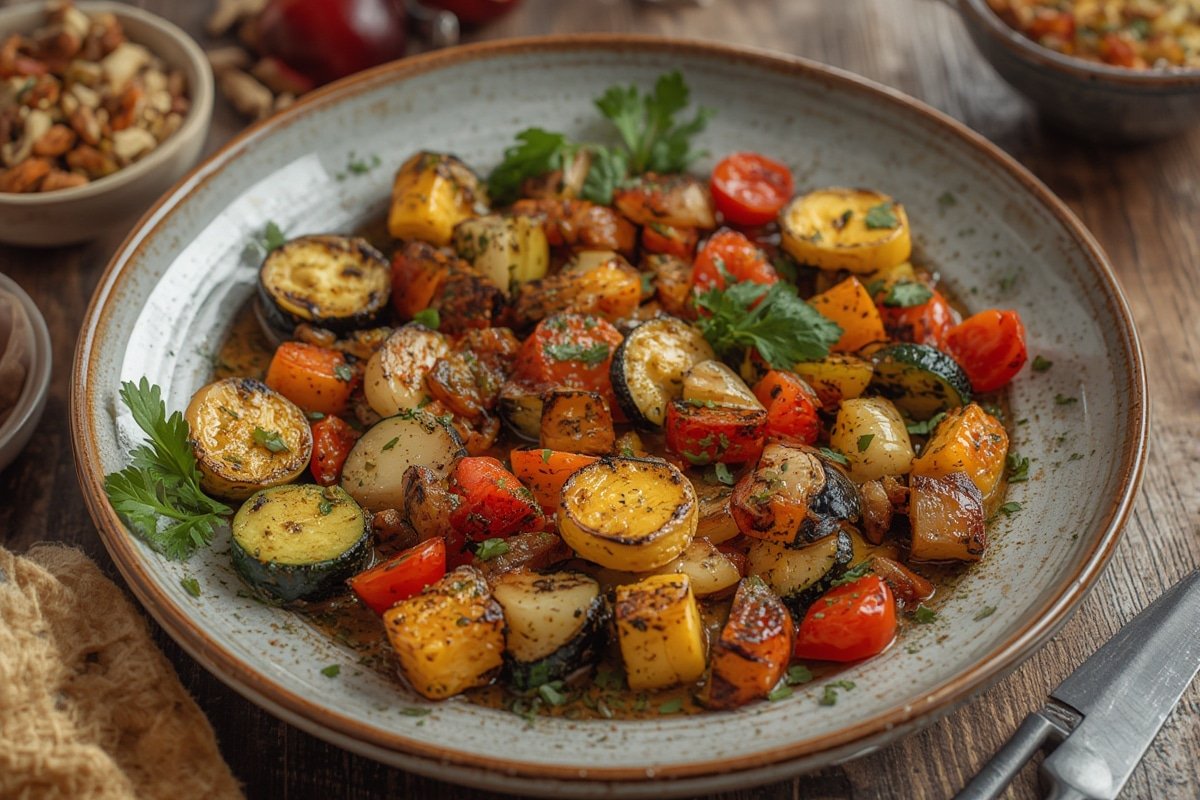 Colorful grilled vegetables in rustic bowls