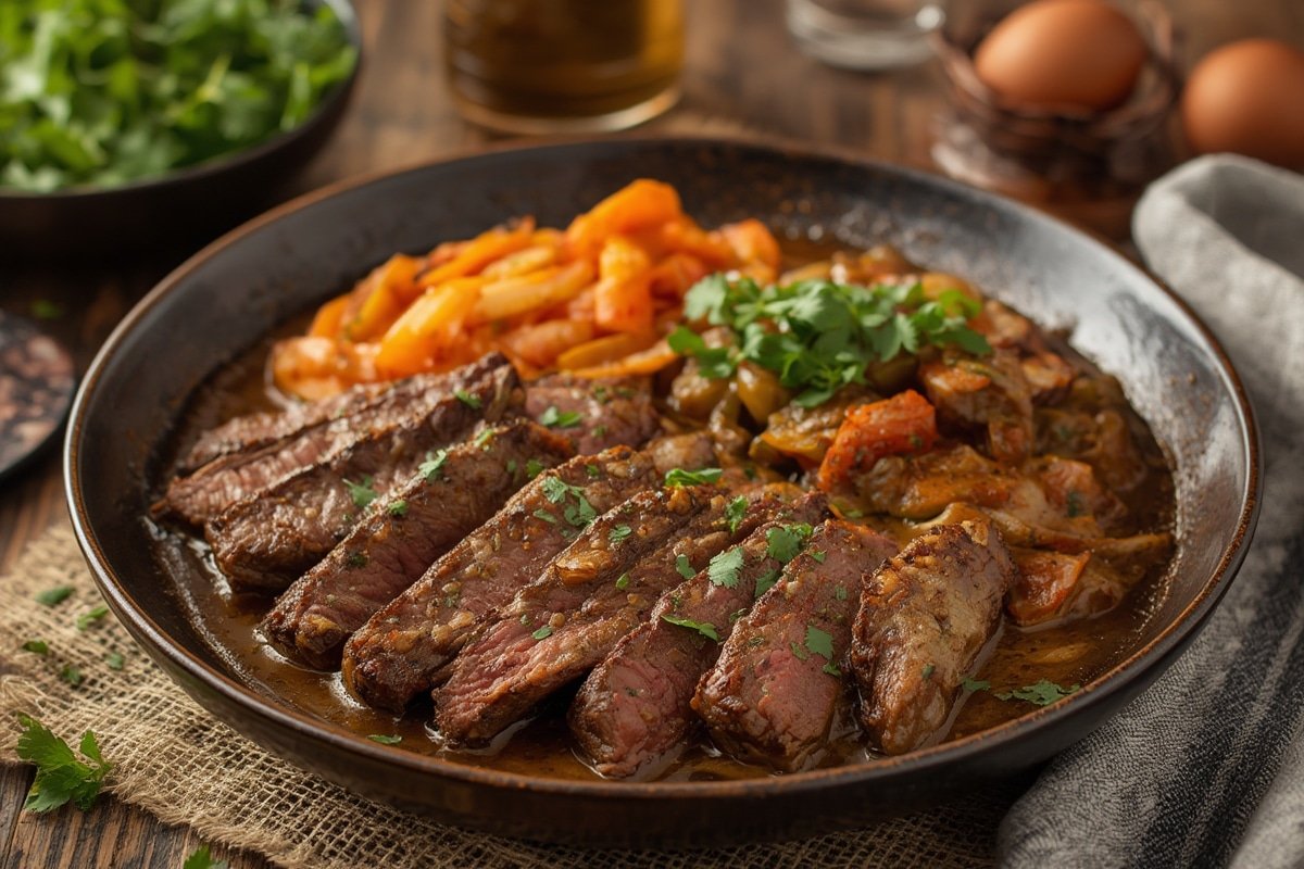 Colorful healthy beef recipes including chili, stir-fry, and lettuce wraps