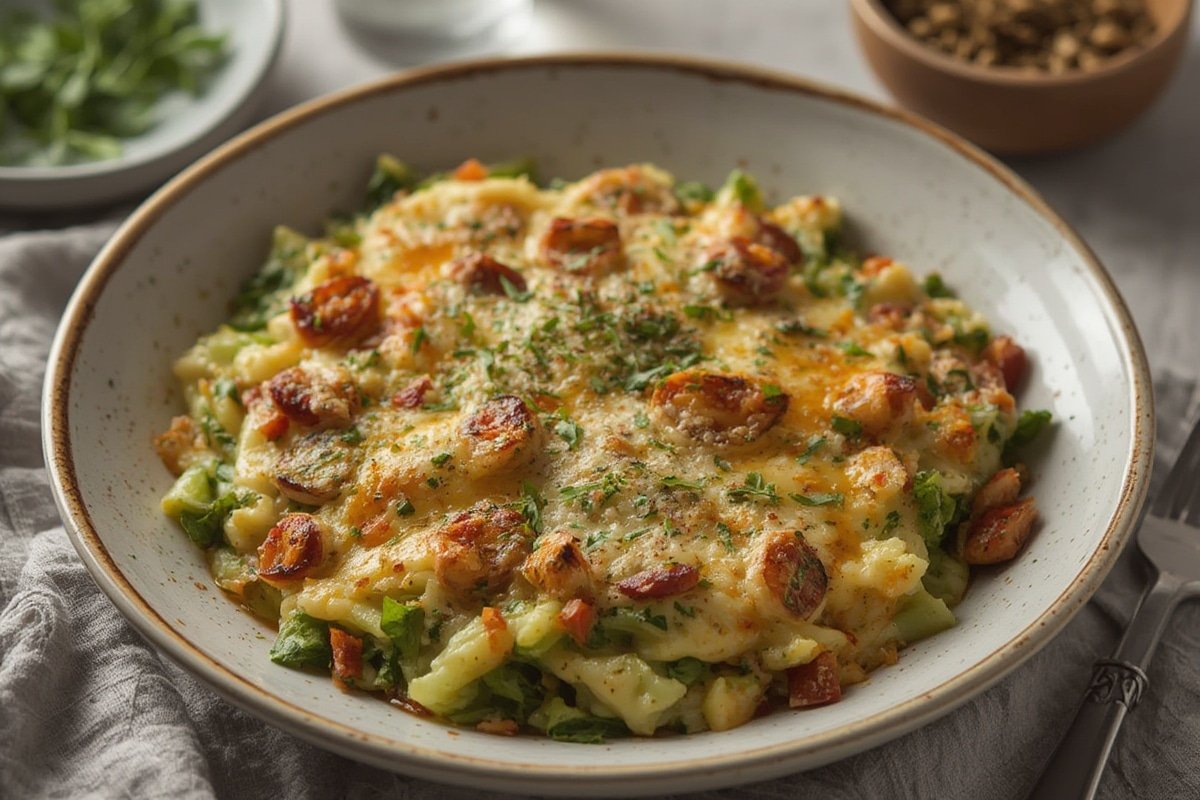 Colorful vegetable and chicken casserole in ceramic dish