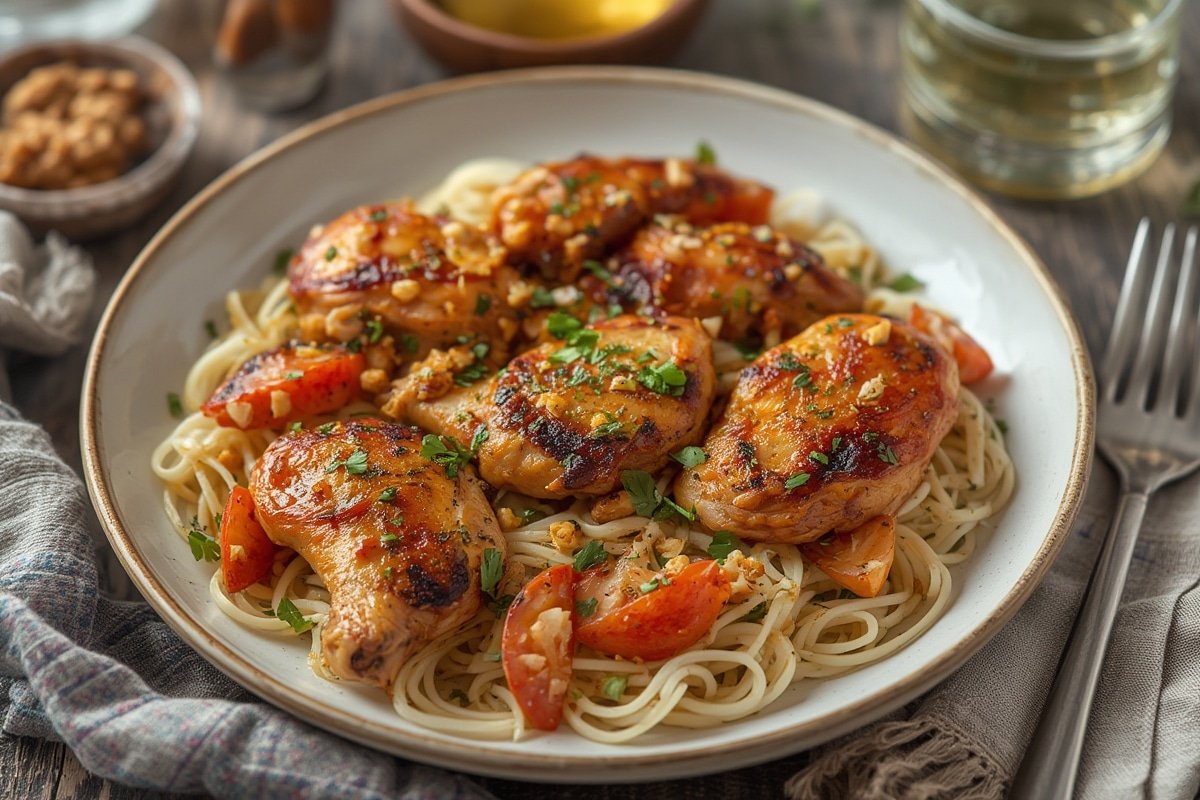 Juicy lemon garlic chicken with roasted vegetables in a skillet