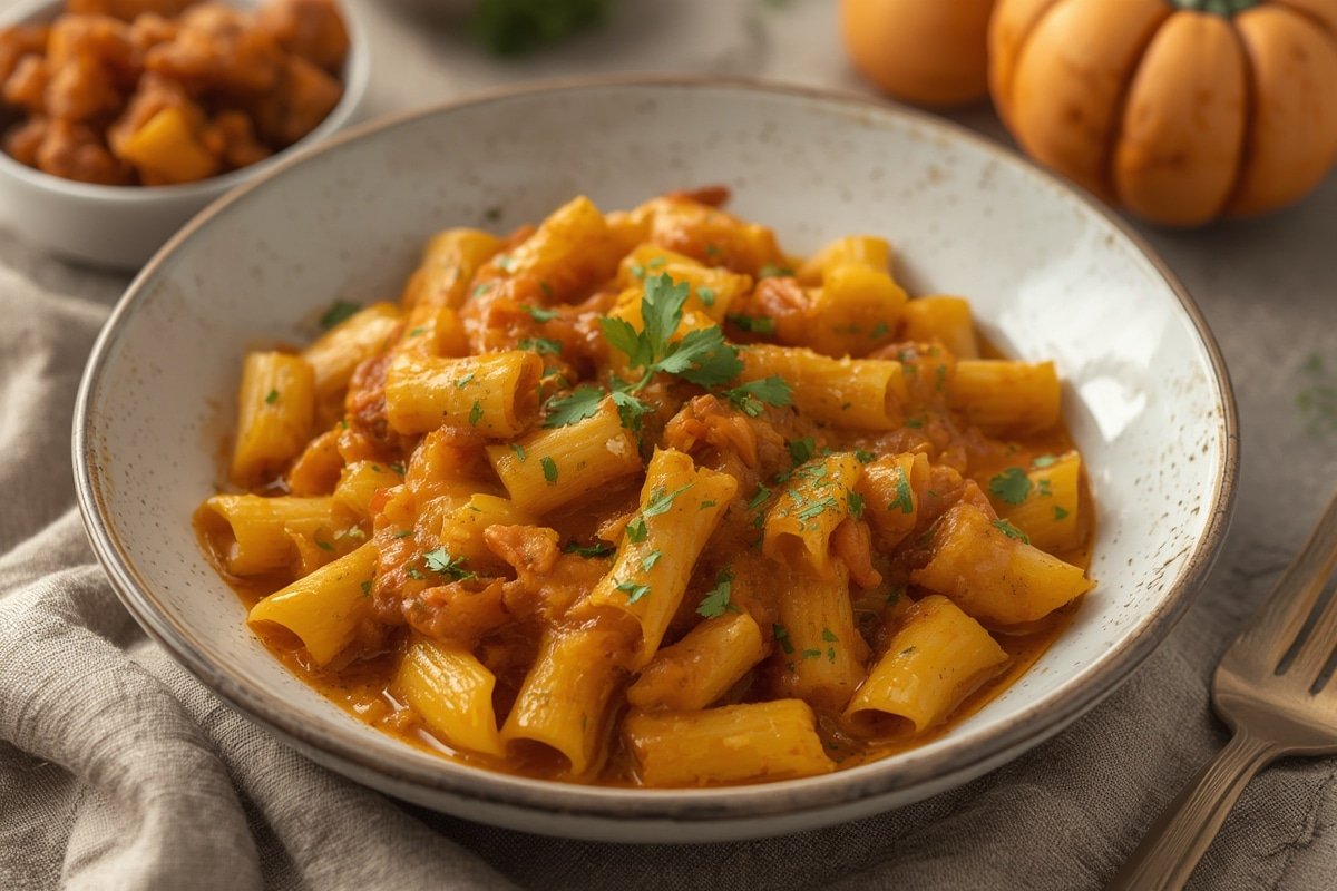 Creamy pumpkin pasta sauce in rustic pot