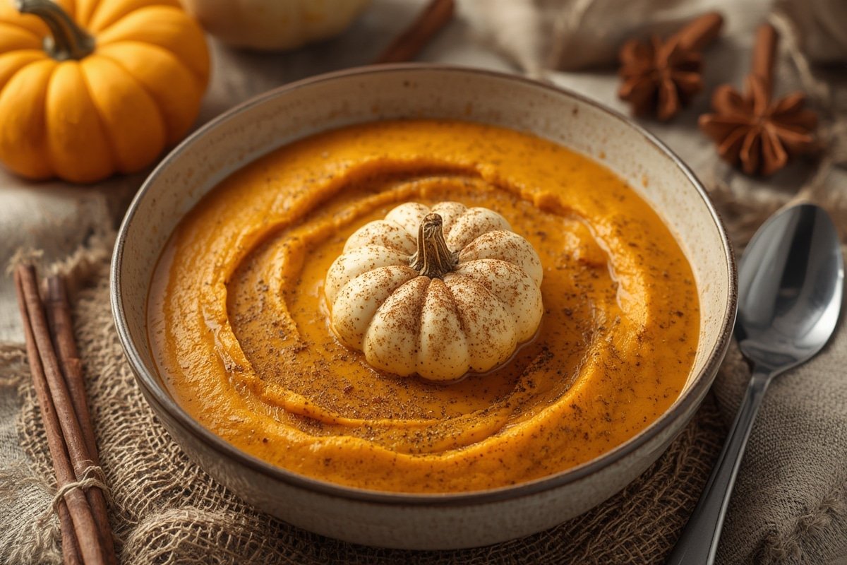 Cozy bowl of pumpkin spice oatmeal with cinnamon stick garnish