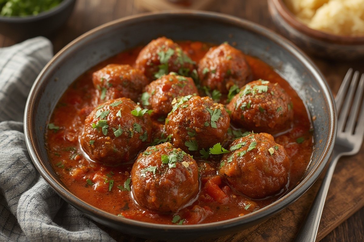 Slow cooker meatballs simmering in rich tomato sauce