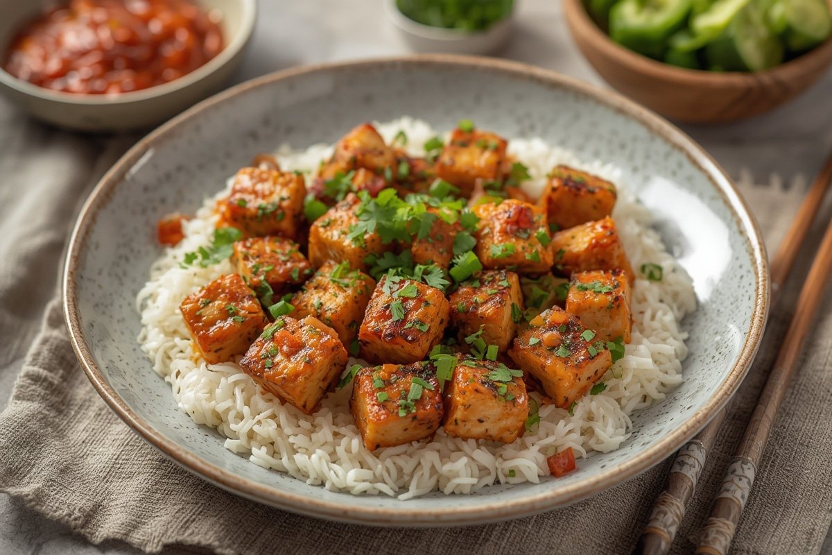 Crispy golden tofu cubes with vibrant vegetables in a skillet