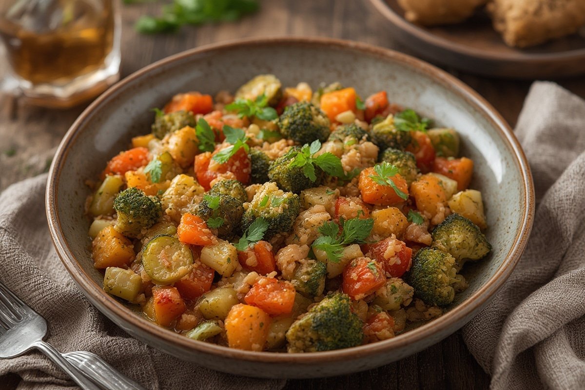 Colorful roasted vegetables in a cast iron skillet