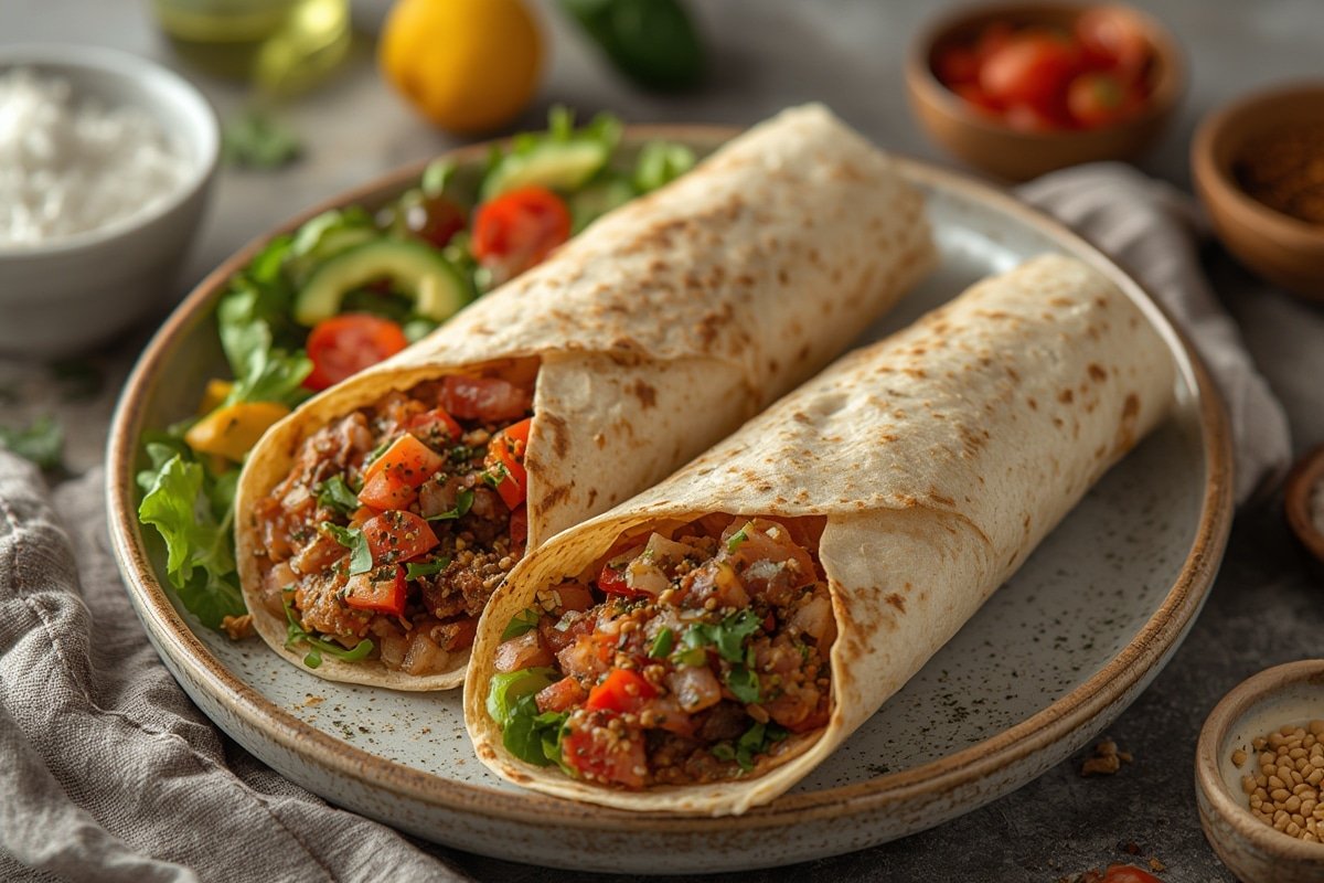 Colorful healthy wraps on a wooden table