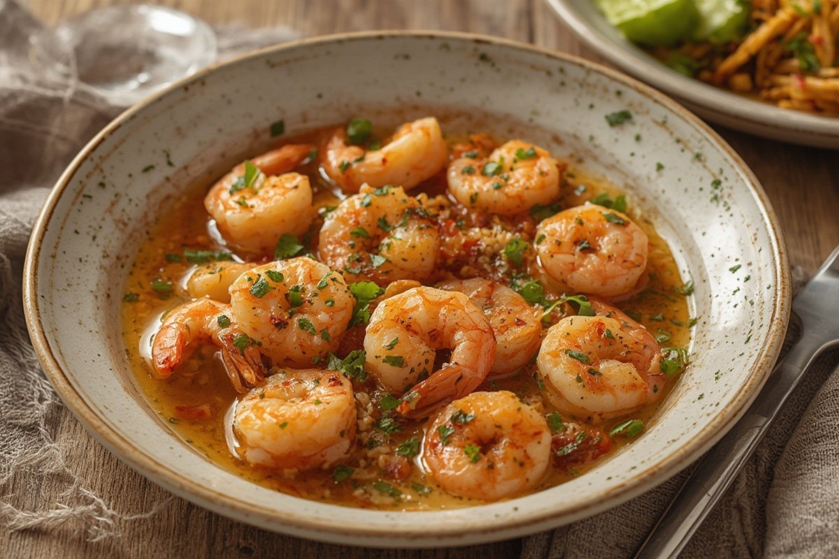 Garlic butter shrimp sizzling in a skillet with herbs