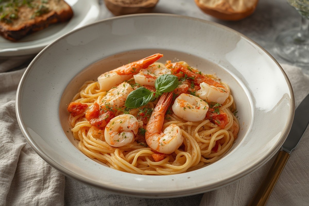 Garlicky shrimp linguine with lemon zest and parsley in a white bowl