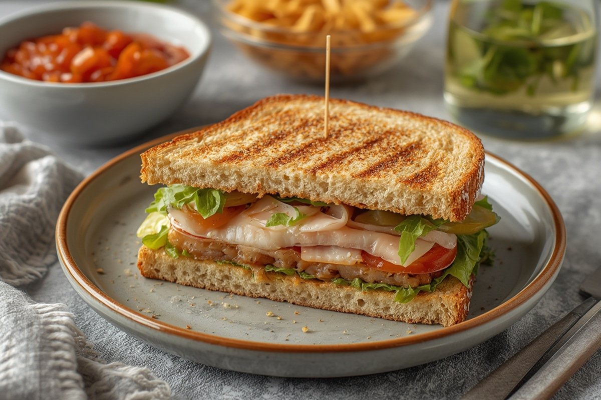 Assorted colorful sandwiches on a wooden board