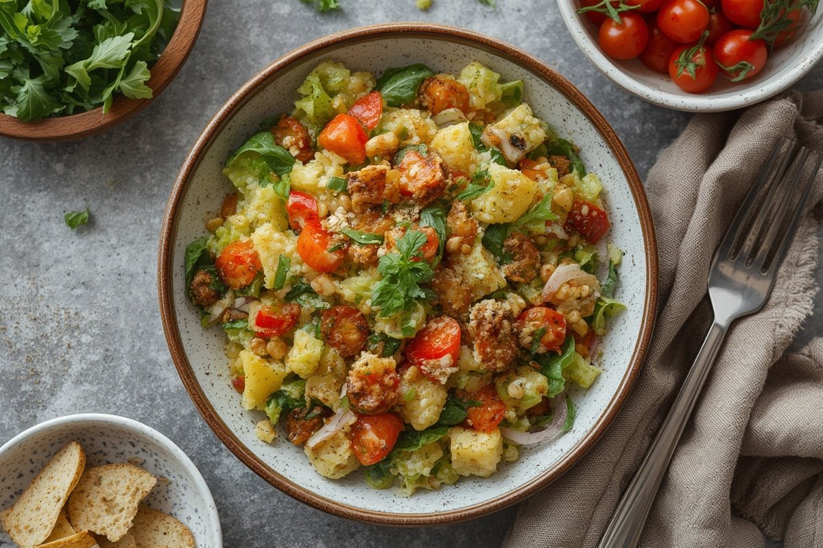 Colorful healthy salad recipes bowl with fresh vegetables and greens