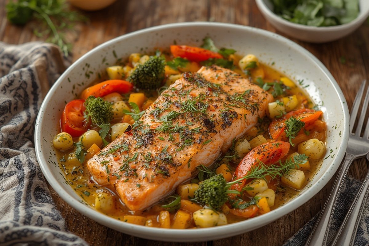 Garlic butter salmon with roasted vegetables