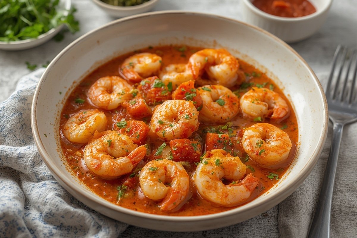 Garlic lemon shrimp with vegetables cooked in skillet