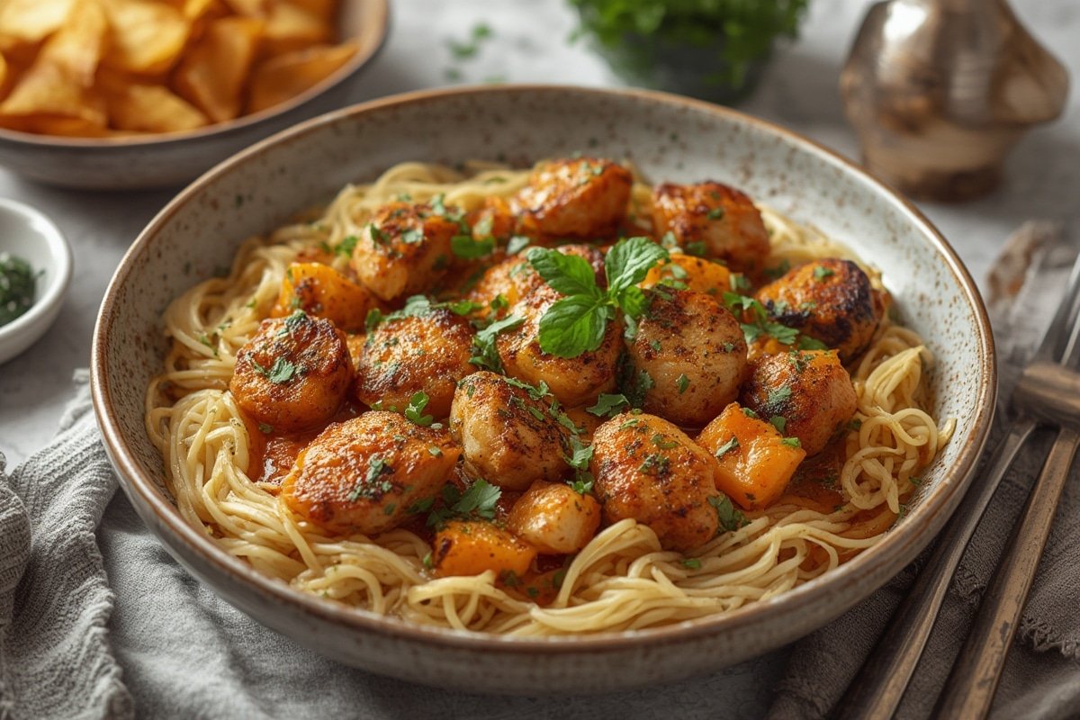 Colorful plate of shrimp and zucchini noodles