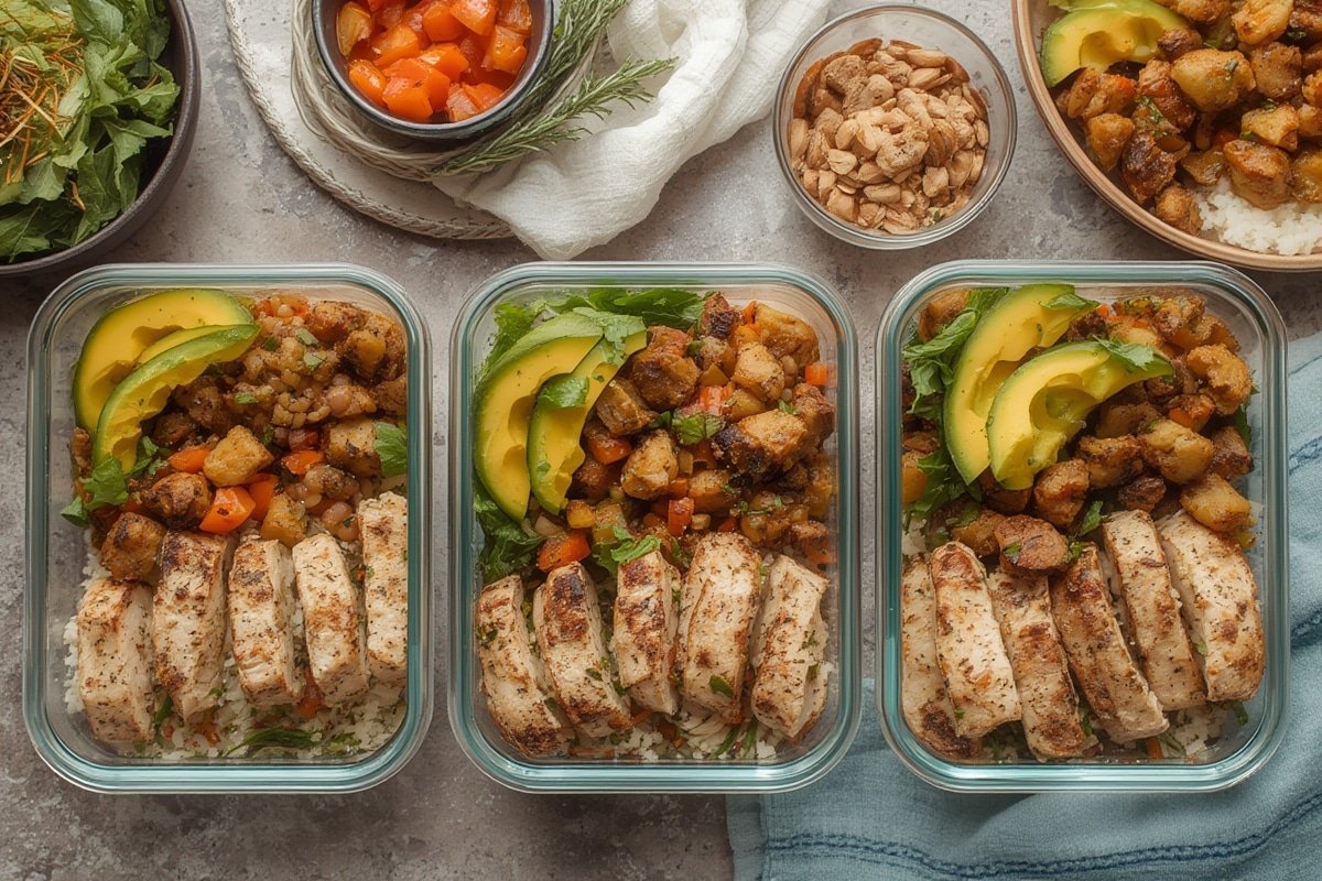 Colorful meal prep containers with roasted vegetables, quinoa, and chicken