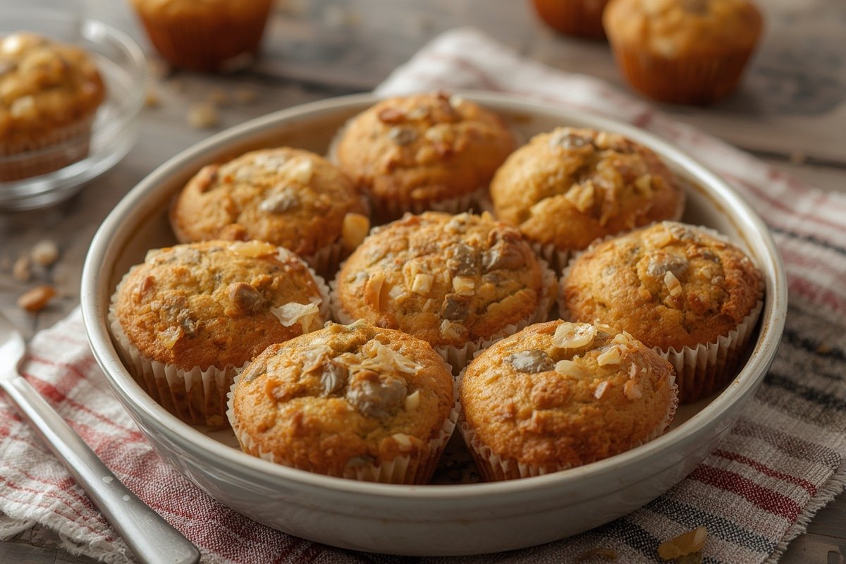 Freshly baked muffins on a rustic kitchen table