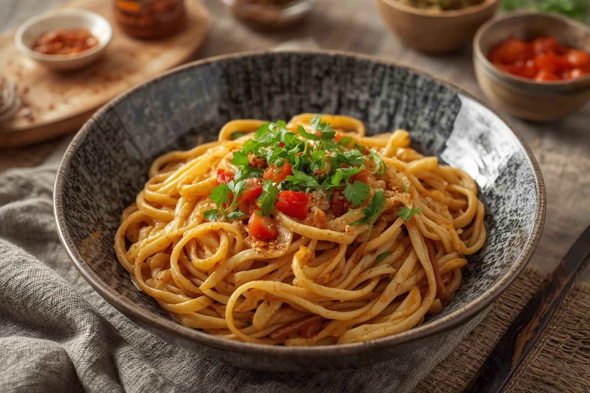 A cozy bowl of garlic butter noodles with herbs