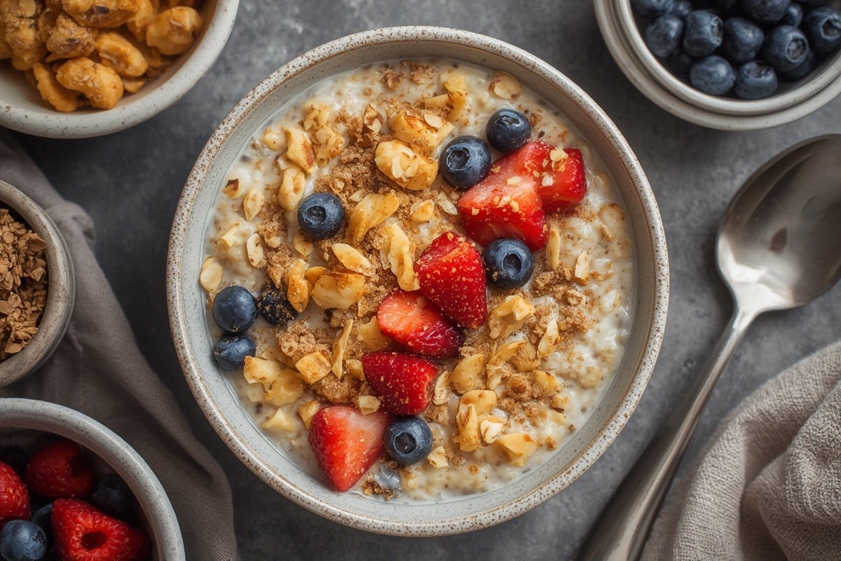 Glass jars filled with colorful overnight oats topped with fresh fruits