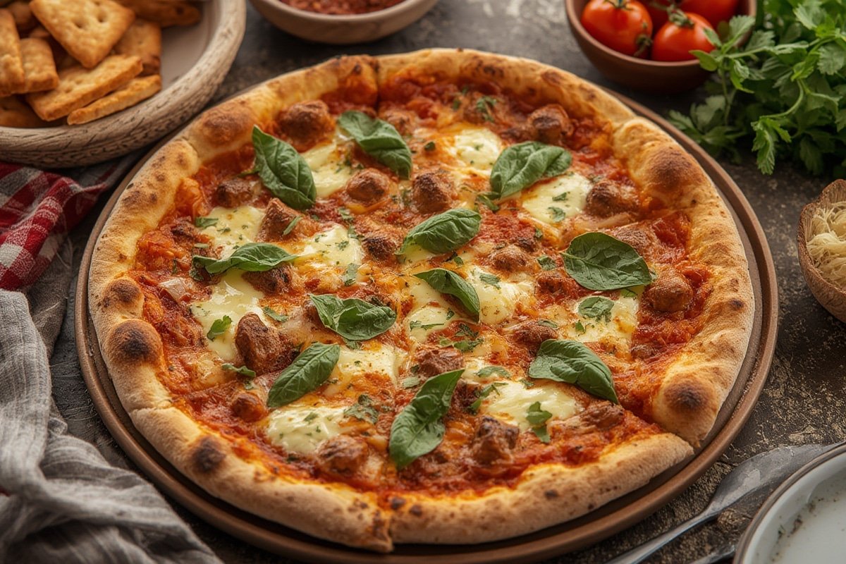 Homemade pizza with bubbling cheese and fresh toppings