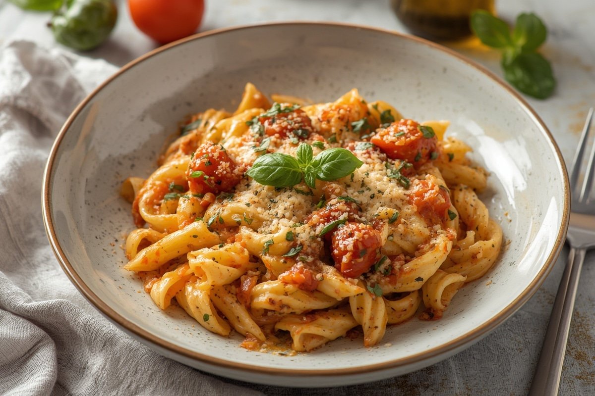 Bowl of creamy garlic pasta with parsley garnish