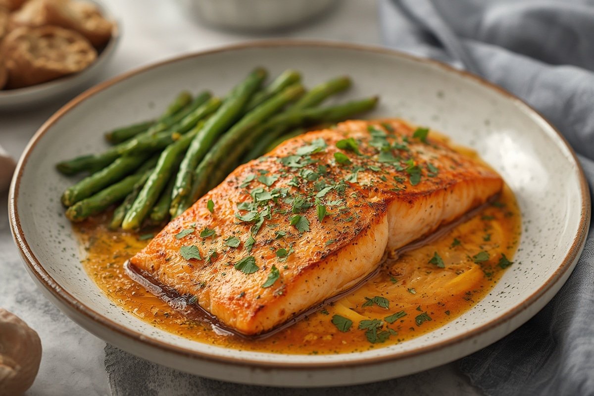 Perfectly cooked salmon with herbs and lemon