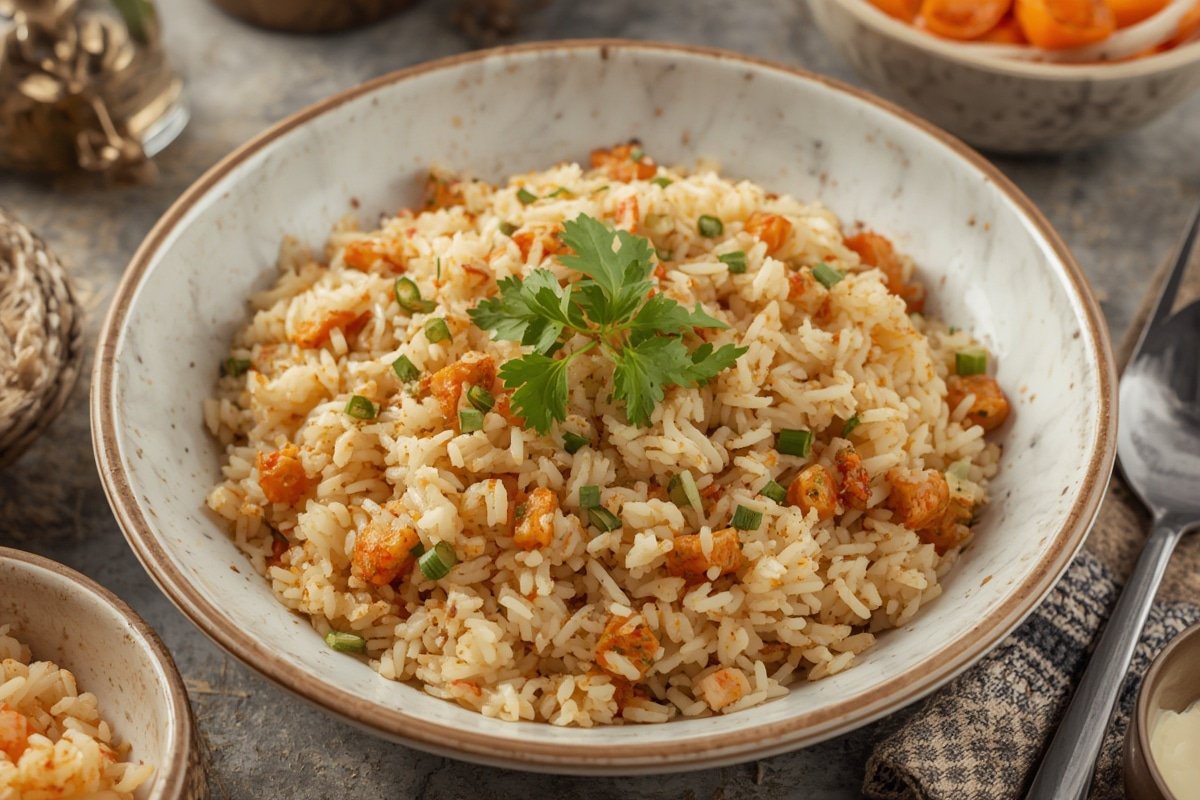 Steaming bowl of coconut ginger rice with fresh herbs