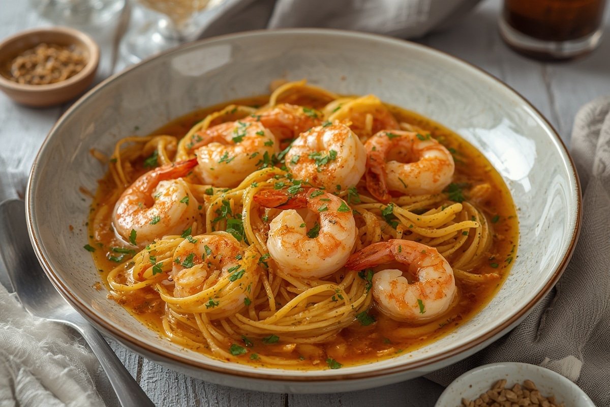 Juicy garlic butter shrimp in skillet with herbs